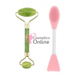 Piatra de jad pentru masaj Cod JD001R2 Verde cu 2 capete + Perie din silicon cu spatula pentru gomaj facial